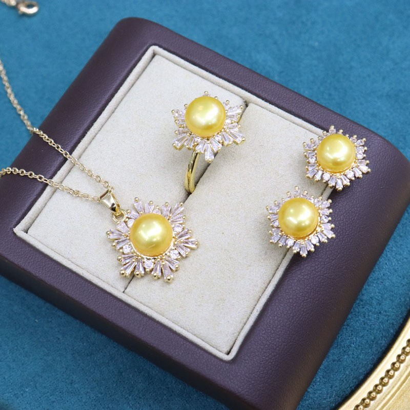 Black Green Real Pearl Jewelry Set in 6 Colors | Snowflakes Pearl Earrings Pearl Ring and Pearl Pendant | AAA Pearl Diamond Set for Women