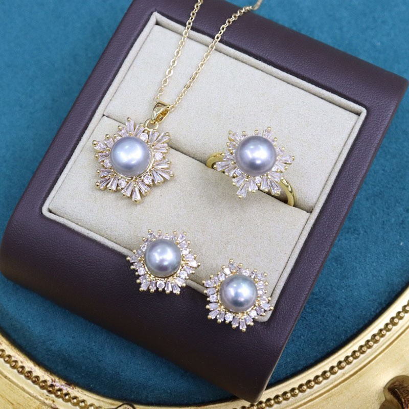 Black Green Real Pearl Jewelry Set in 6 Colors | Snowflakes Pearl Earrings Pearl Ring and Pearl Pendant | AAA Pearl Diamond Set for Women