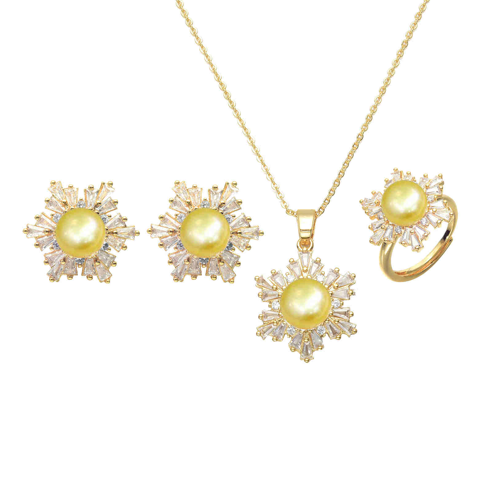 Black Green Real Pearl Jewelry Set in 6 Colors | Snowflakes Pearl Earrings Pearl Ring and Pearl Pendant | AAA Pearl Diamond Set for Women