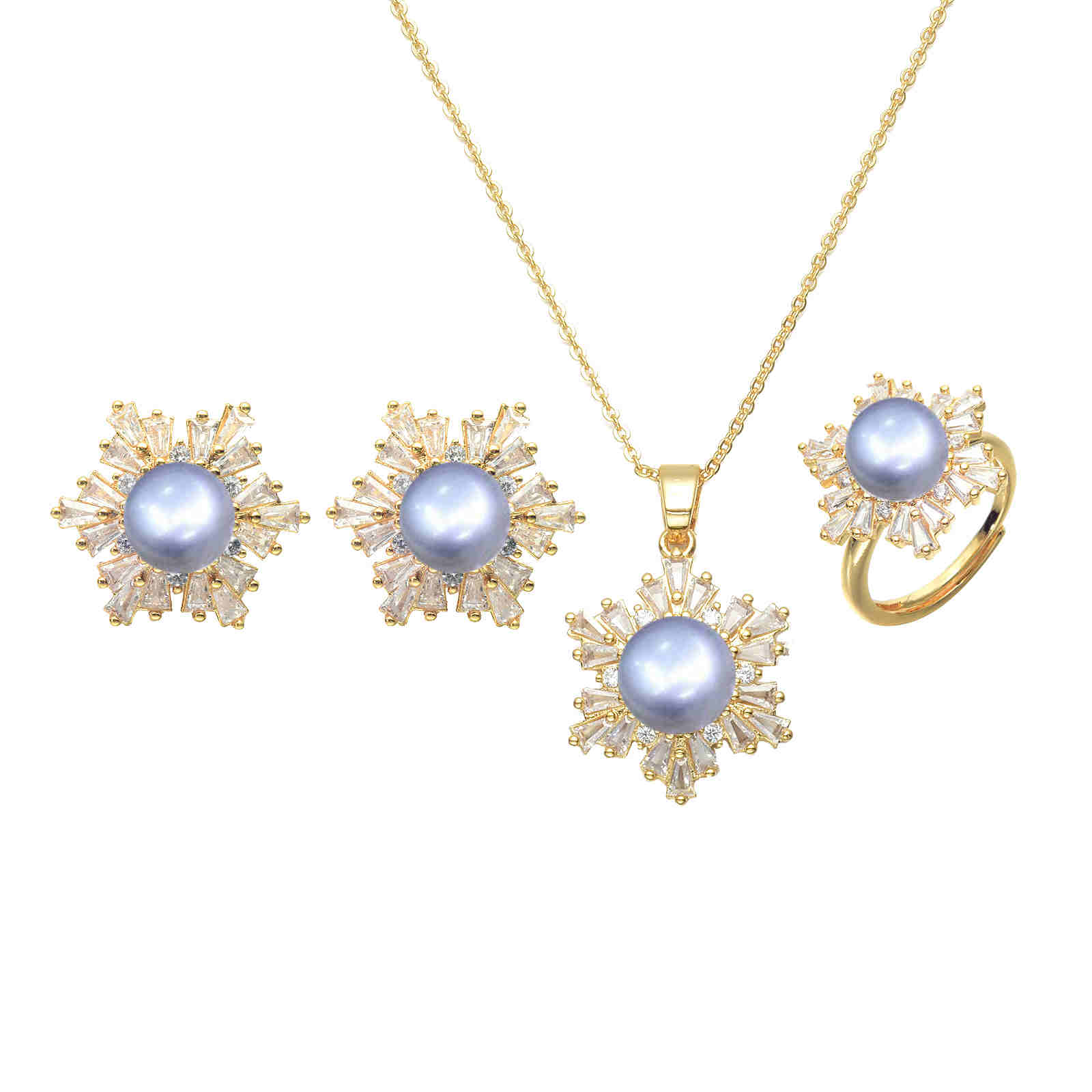 Black Green Real Pearl Jewelry Set in 6 Colors | Snowflakes Pearl Earrings Pearl Ring and Pearl Pendant | AAA Pearl Diamond Set for Women