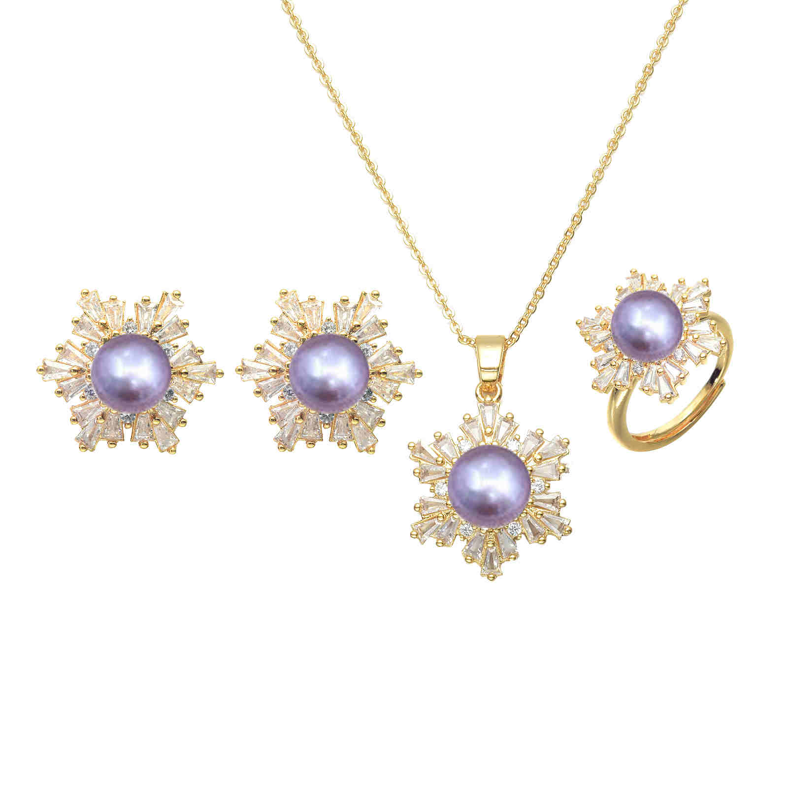 Black Green Real Pearl Jewelry Set in 6 Colors | Snowflakes Pearl Earrings Pearl Ring and Pearl Pendant | AAA Pearl Diamond Set for Women