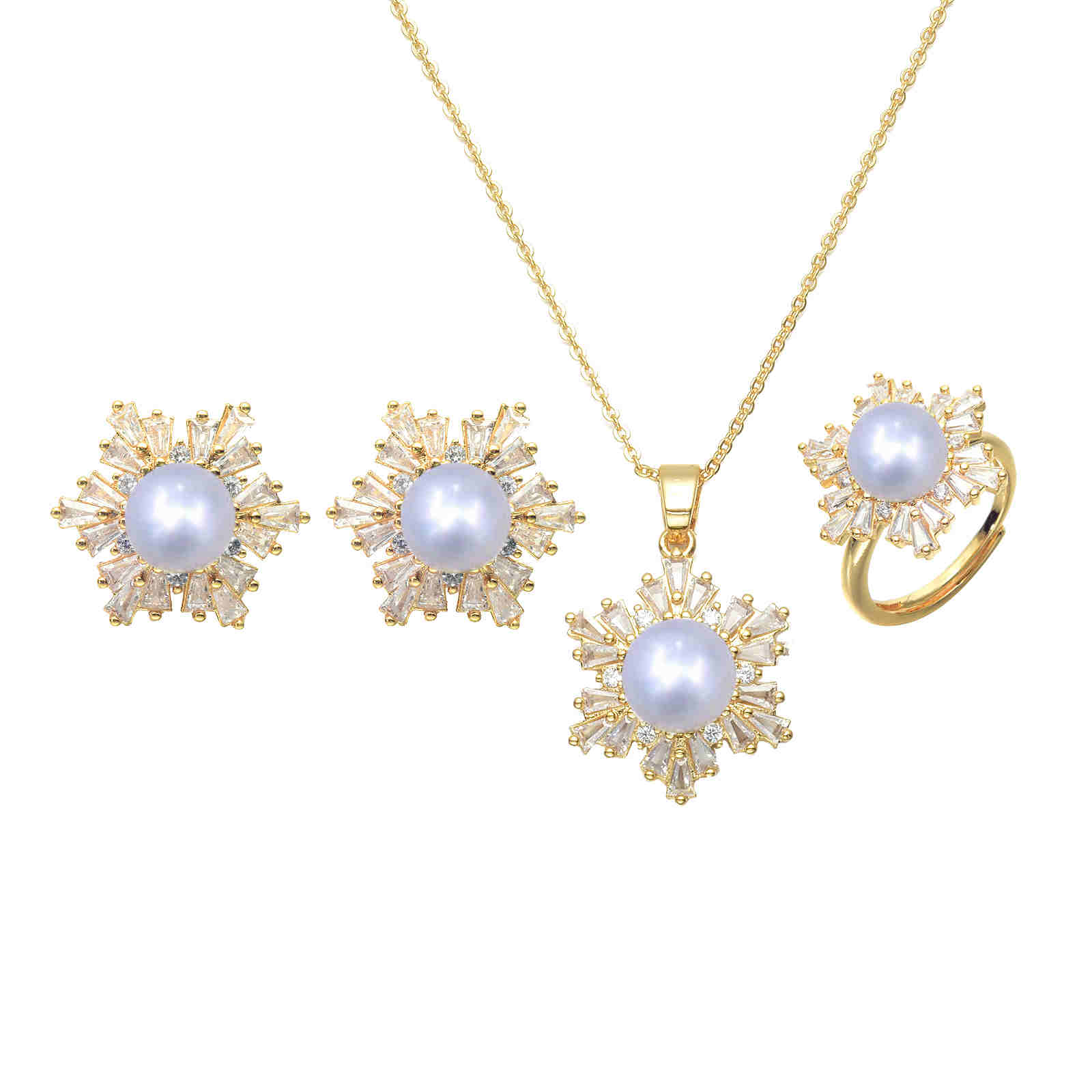 Black Green Real Pearl Jewelry Set in 6 Colors | Snowflakes Pearl Earrings Pearl Ring and Pearl Pendant | AAA Pearl Diamond Set for Women