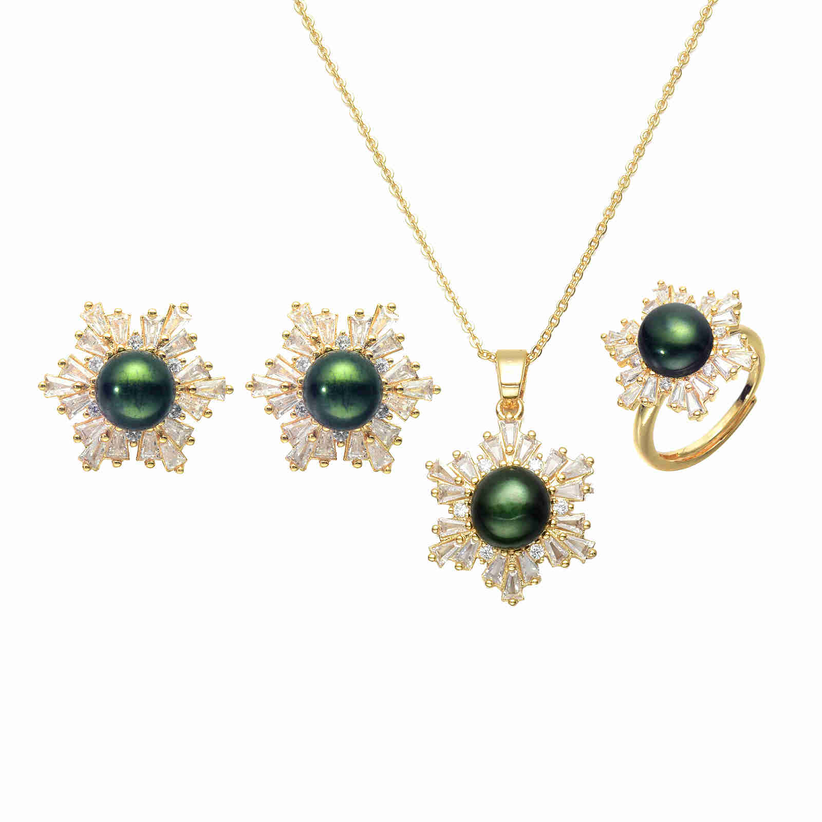 Black Green Real Pearl Jewelry Set in 6 Colors | Snowflakes Pearl Earrings Pearl Ring and Pearl Pendant | AAA Pearl Diamond Set for Women
