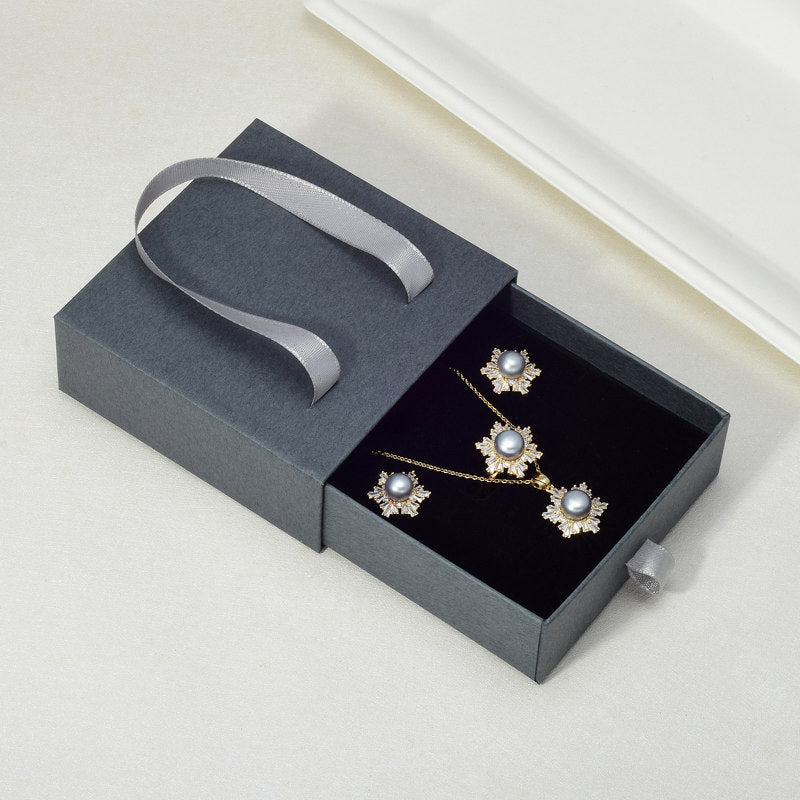 Black Green Real Pearl Jewelry Set in 6 Colors | Snowflakes Pearl Earrings Pearl Ring and Pearl Pendant | AAA Pearl Diamond Set for Women