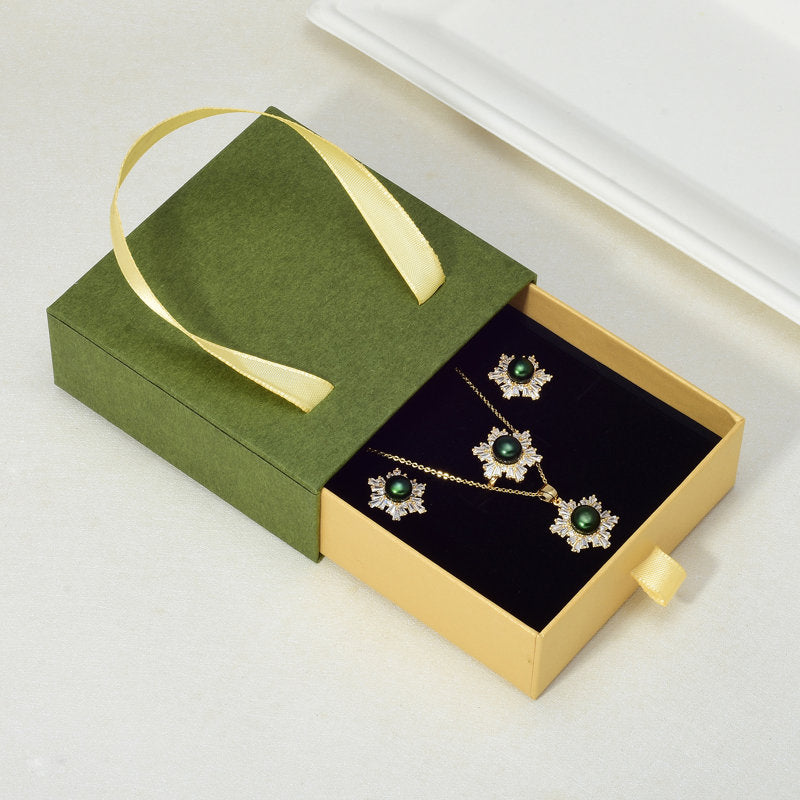 Black Green Real Pearl Jewelry Set in 6 Colors | Snowflakes Pearl Earrings Pearl Ring and Pearl Pendant | AAA Pearl Diamond Set for Women