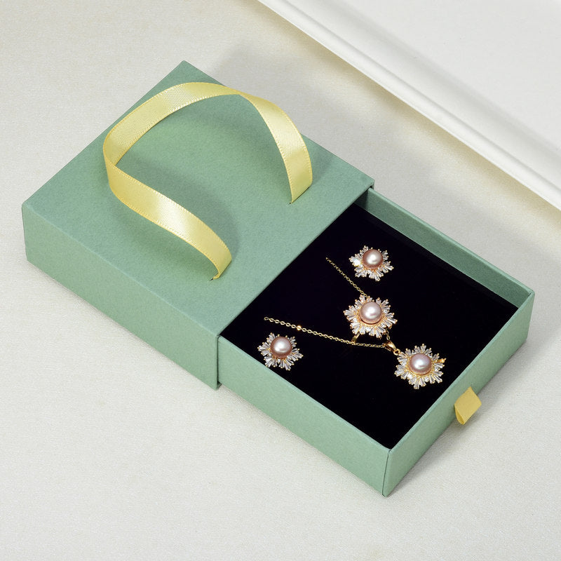 Black Green Real Pearl Jewelry Set in 6 Colors | Snowflakes Pearl Earrings Pearl Ring and Pearl Pendant | AAA Pearl Diamond Set for Women