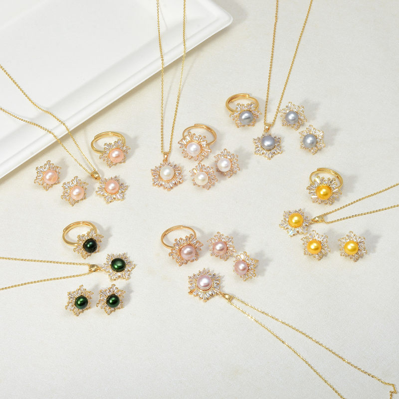 Black Green Real Pearl Jewelry Set in 6 Colors | Snowflakes Pearl Earrings Pearl Ring and Pearl Pendant | AAA Pearl Diamond Set for Women