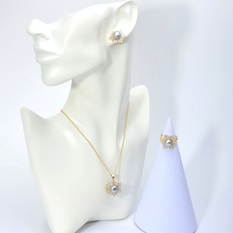 Black Green Real Pearl Jewelry Set in 6 Colors | Snowflakes Pearl Earrings Pearl Ring and Pearl Pendant | AAA Pearl Diamond Set for Women