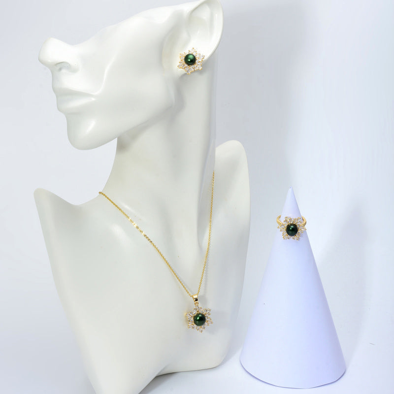 Black Green Real Pearl Jewelry Set in 6 Colors | Snowflakes Pearl Earrings Pearl Ring and Pearl Pendant | AAA Pearl Diamond Set for Women