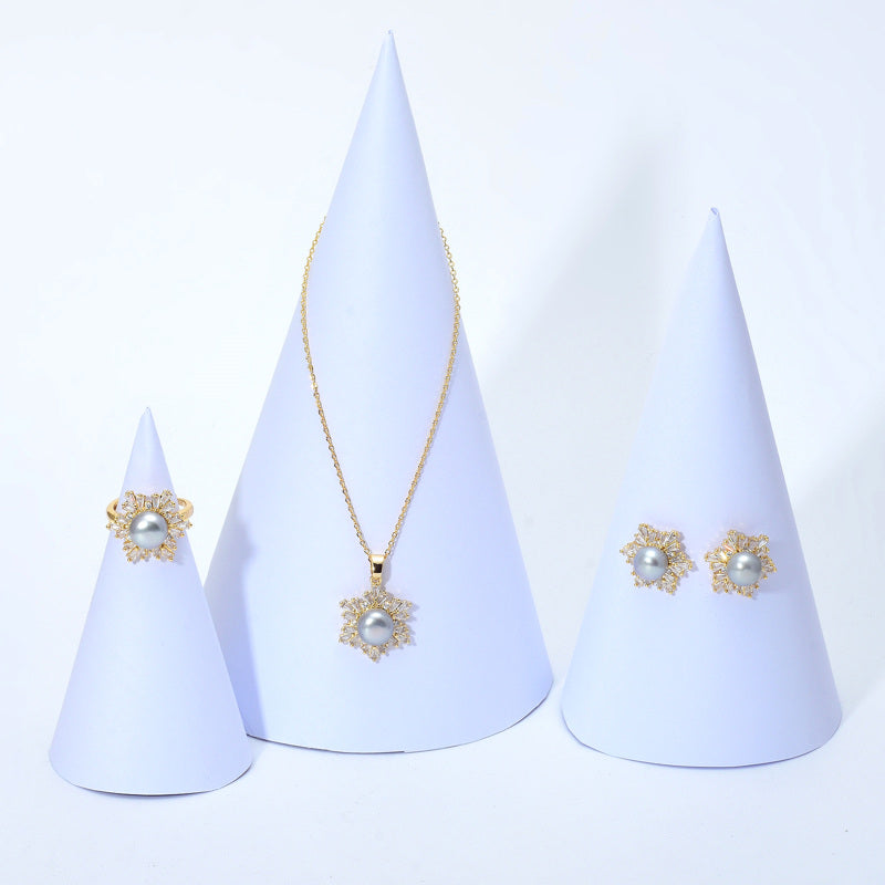 Black Green Real Pearl Jewelry Set in 6 Colors | Snowflakes Pearl Earrings Pearl Ring and Pearl Pendant | AAA Pearl Diamond Set for Women