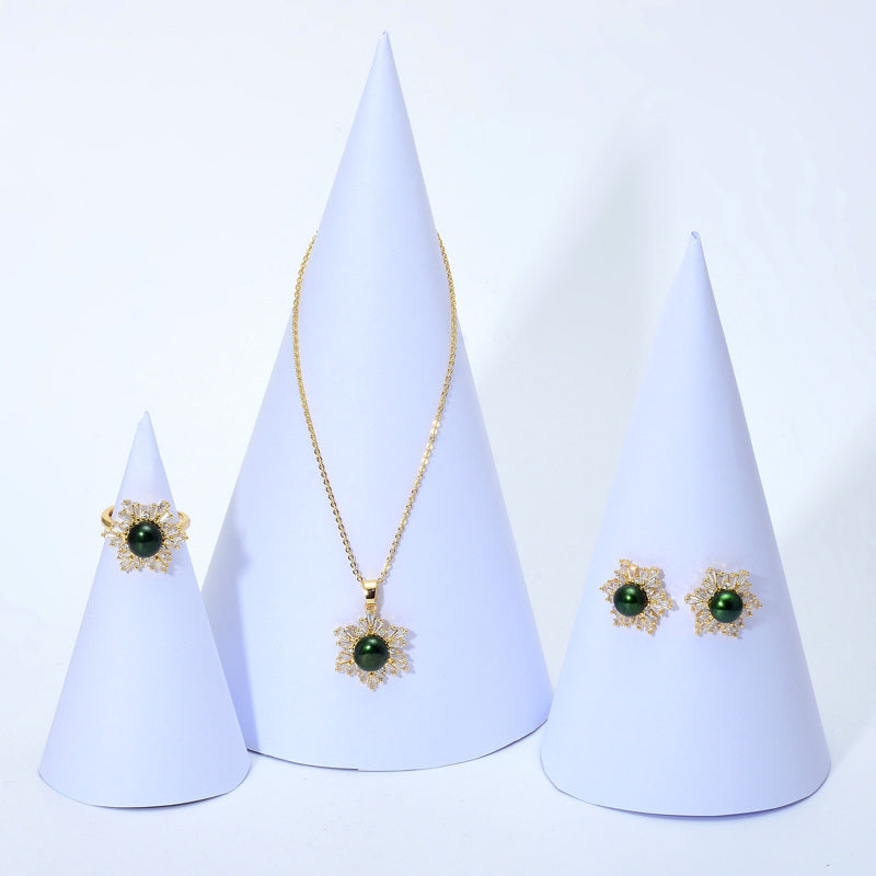 Black Green Real Pearl Jewelry Set in 6 Colors | Snowflakes Pearl Earrings Pearl Ring and Pearl Pendant | AAA Pearl Diamond Set for Women