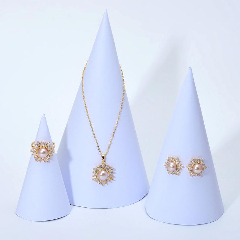 Black Green Real Pearl Jewelry Set in 6 Colors | Snowflakes Pearl Earrings Pearl Ring and Pearl Pendant | AAA Pearl Diamond Set for Women