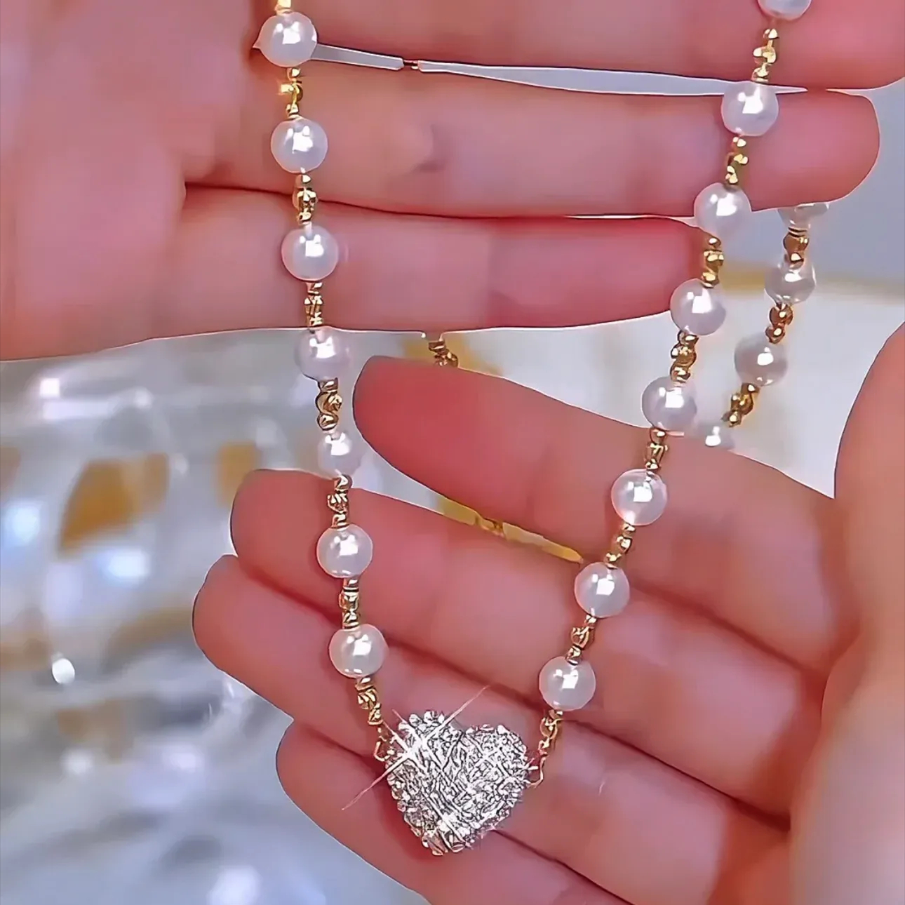 Magnetic Heart Locket Pearl Necklace – “The Adore” Two Hearts Intertwined