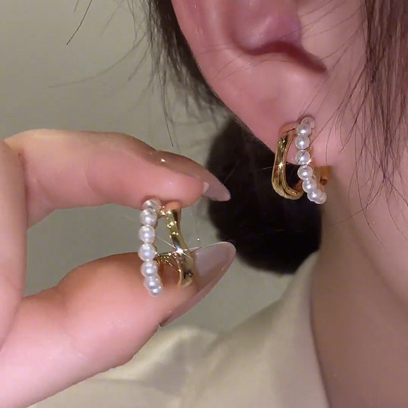 Vintage Pearl Hoop Huggie Earrings
