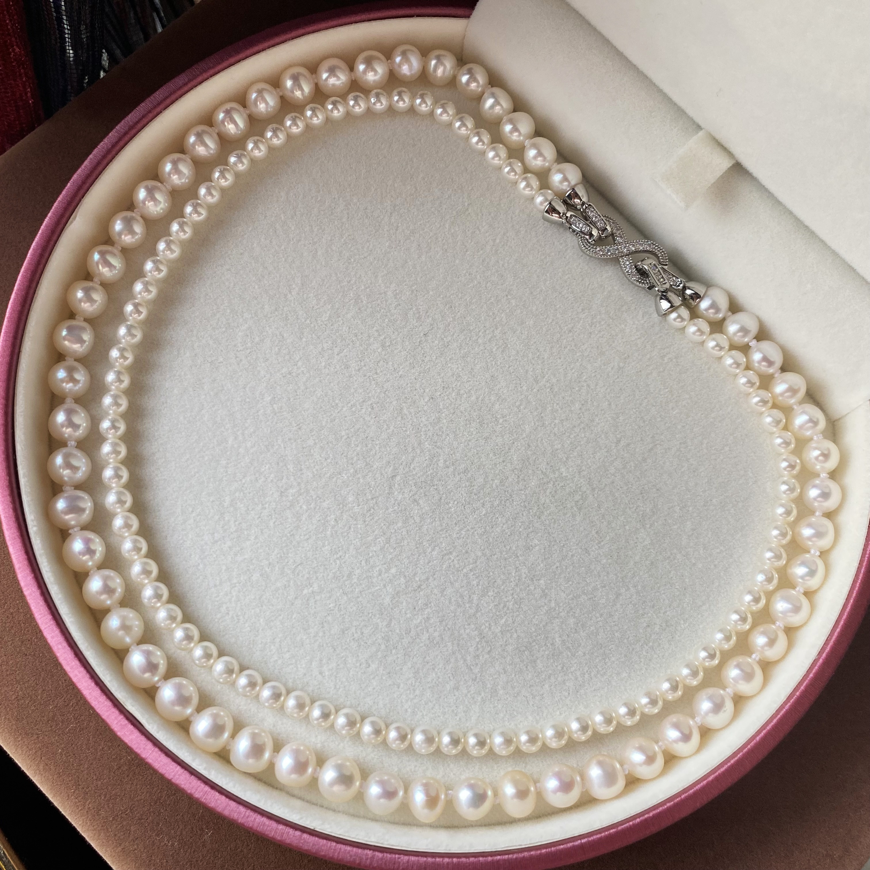 Dual Strand Two Size White Freshwater Flower Clasp Necklace