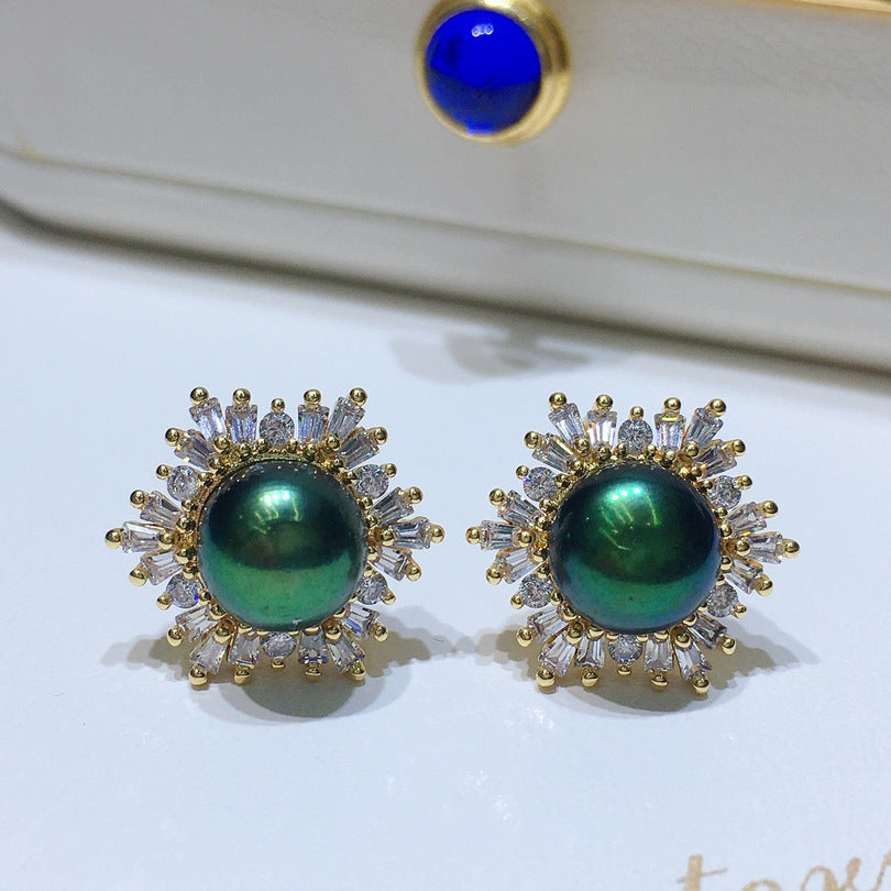 Black Green Real Pearl Jewelry Set in 6 Colors | Snowflakes Pearl Earrings Pearl Ring and Pearl Pendant | AAA Pearl Diamond Set for Women