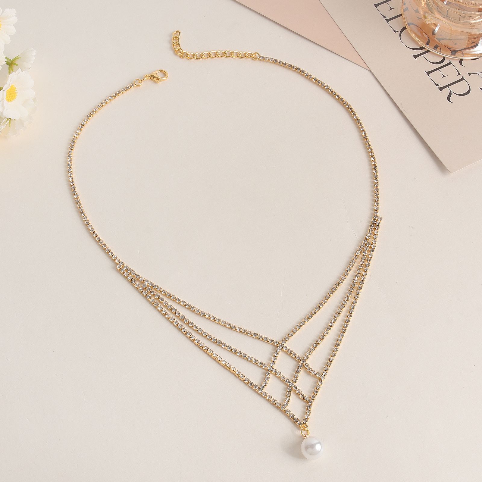 Rhinestone Akoya Pearl Necklace