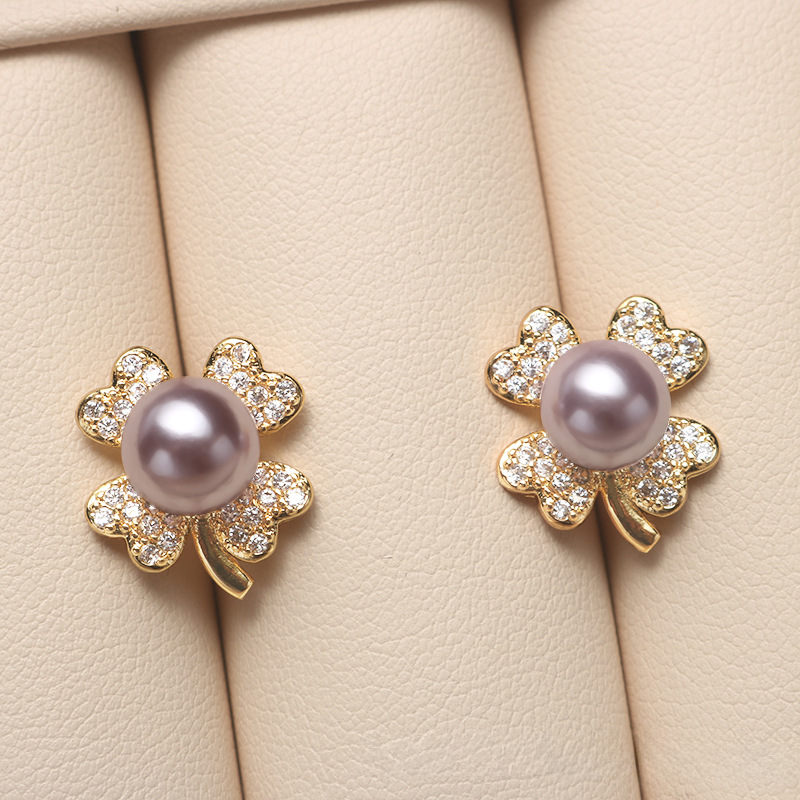 14K Pearl Jewelry Set Four-leaf Necklace/Earrings