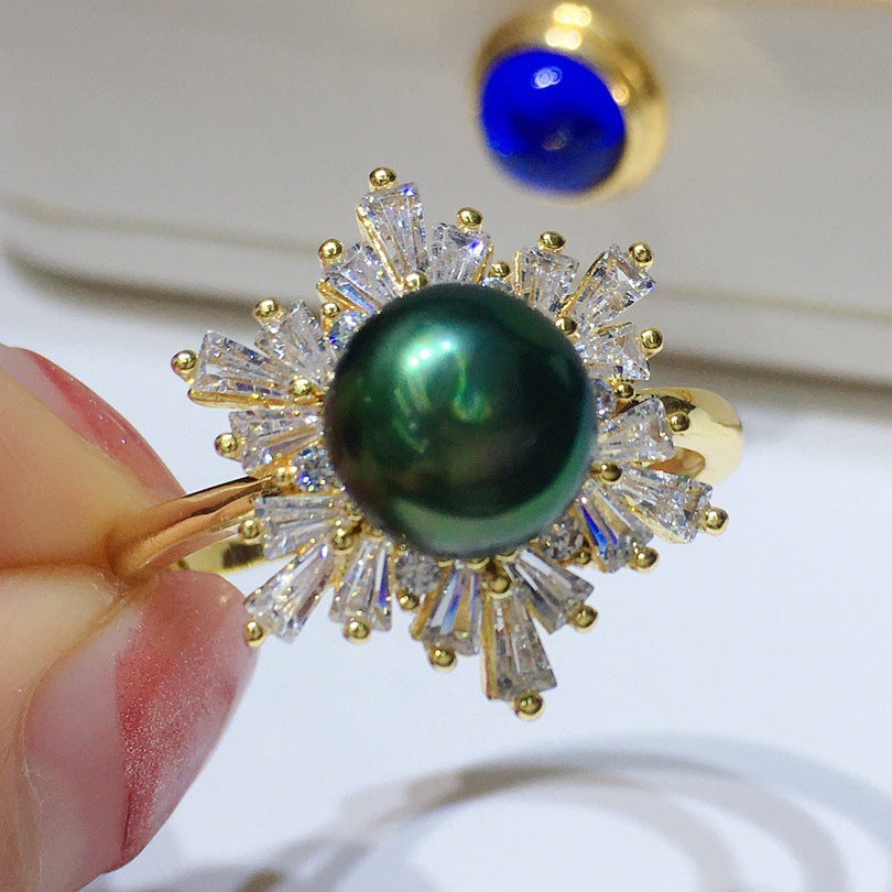 Black Green Real Pearl Jewelry Set in 6 Colors | Snowflakes Pearl Earrings Pearl Ring and Pearl Pendant | AAA Pearl Diamond Set for Women