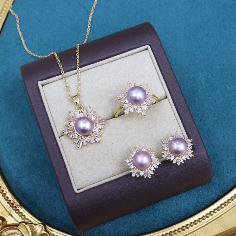 Black Green Real Pearl Jewelry Set in 6 Colors | Snowflakes Pearl Earrings Pearl Ring and Pearl Pendant | AAA Pearl Diamond Set for Women