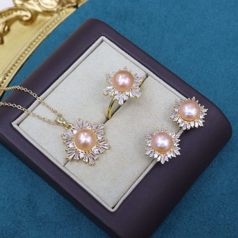 Black Green Real Pearl Jewelry Set in 6 Colors | Snowflakes Pearl Earrings Pearl Ring and Pearl Pendant | AAA Pearl Diamond Set for Women