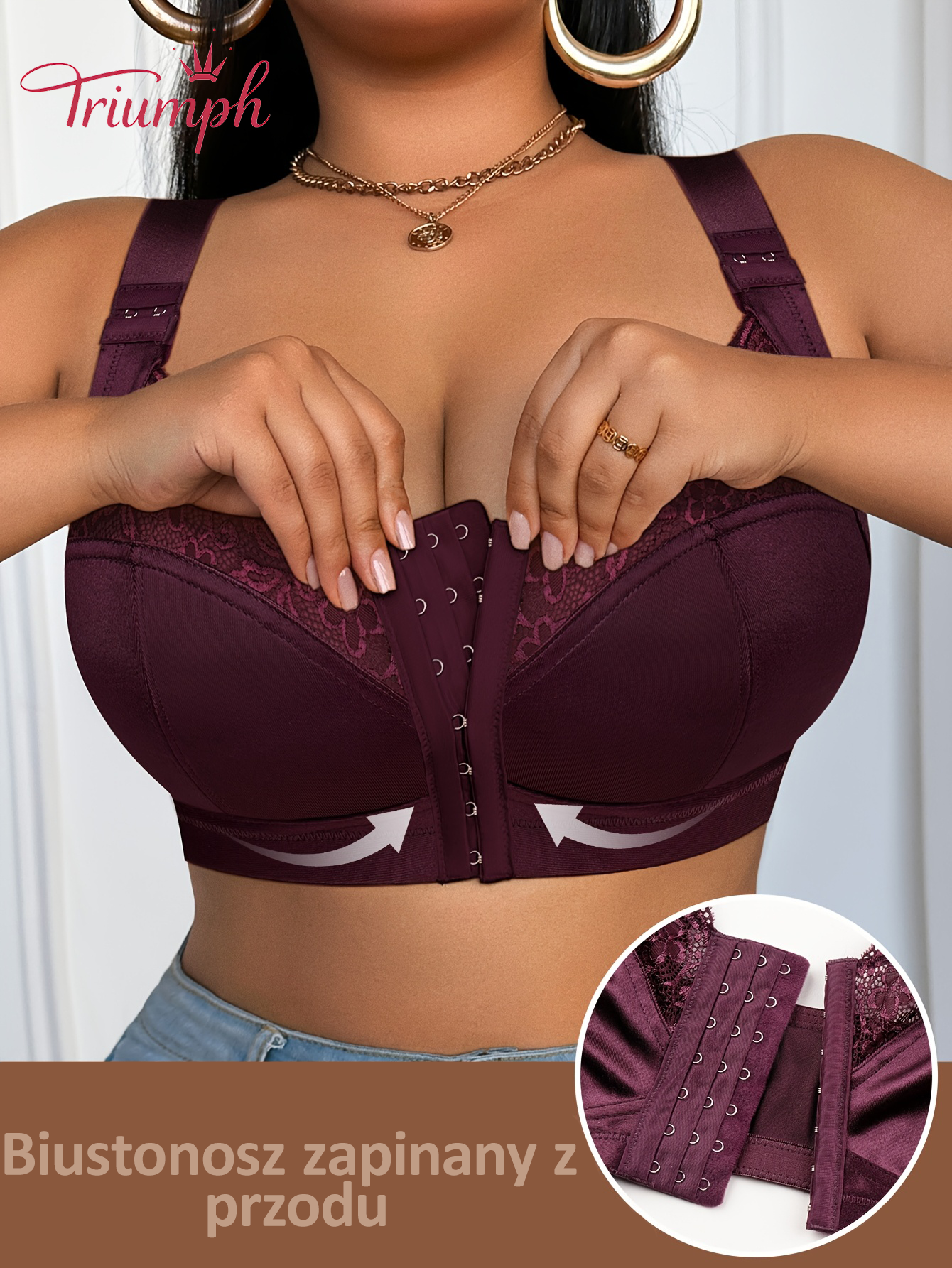 Triumph – (4 sztuki) 👑 Koronkowy biustonosz full coverage z fiszbinami i zapięciem z przodu [65A-120H]