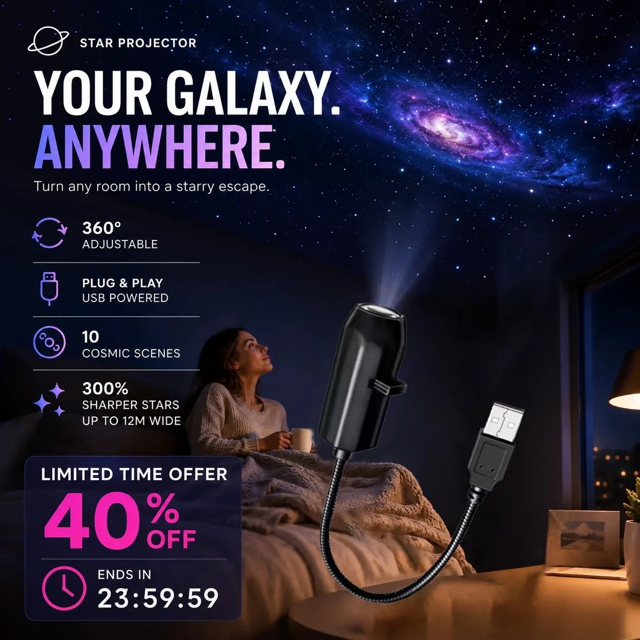 ✨ HD žvaigždėtu dangaus projektoriumi – plug ir naudojimas