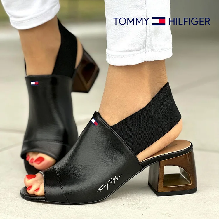 Tommy Hilfiger - 2024 m. Unikalūs juodi moteriški sandalai su įdomiu vidutiniu kulnu