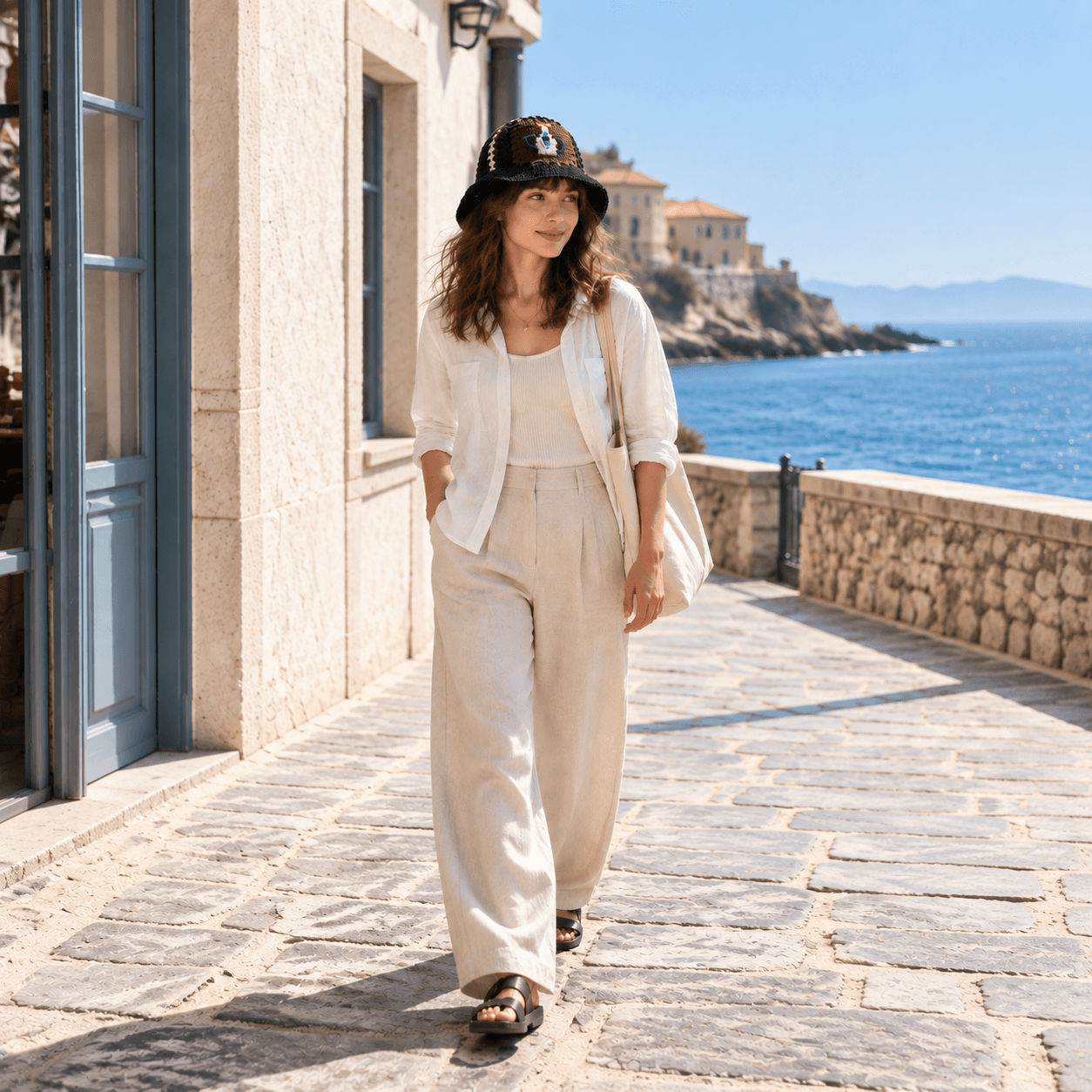 FeekyStore dark crochet vase hollow hat paired with a light linen outfit, worn by a model walking along a sunny coastal promenade by the blue sea.