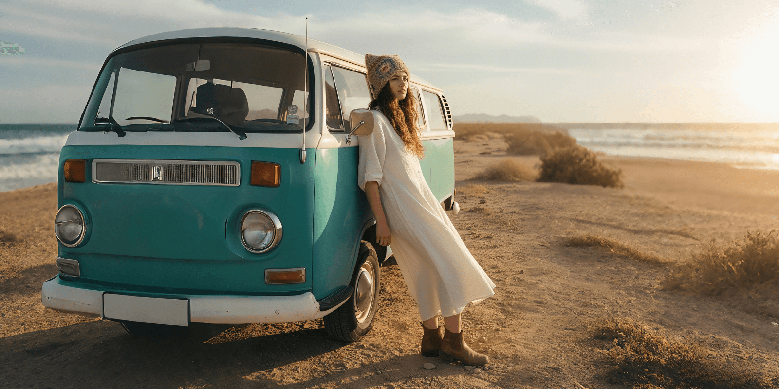 {"default":"Handmade artisan crochet cat ear hat worn by a model in a bohemian beach travel setting with a retro van; high-end sustainable fashion accessory by Feekystore"}

