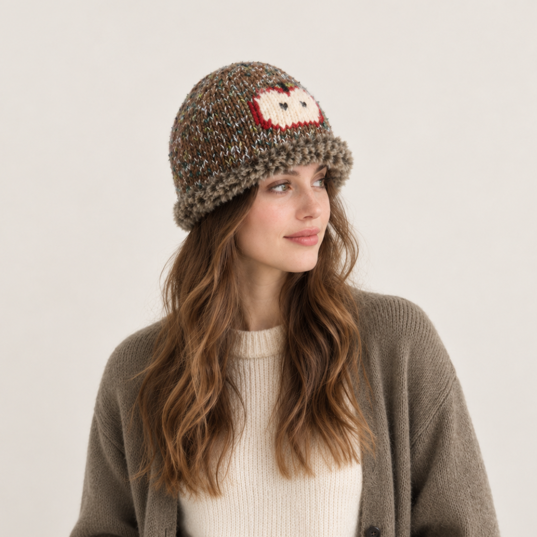 FeekyStore brown fuzzy hat featuring a whimsical red and white apple patch, modeled in a clean studio setting.