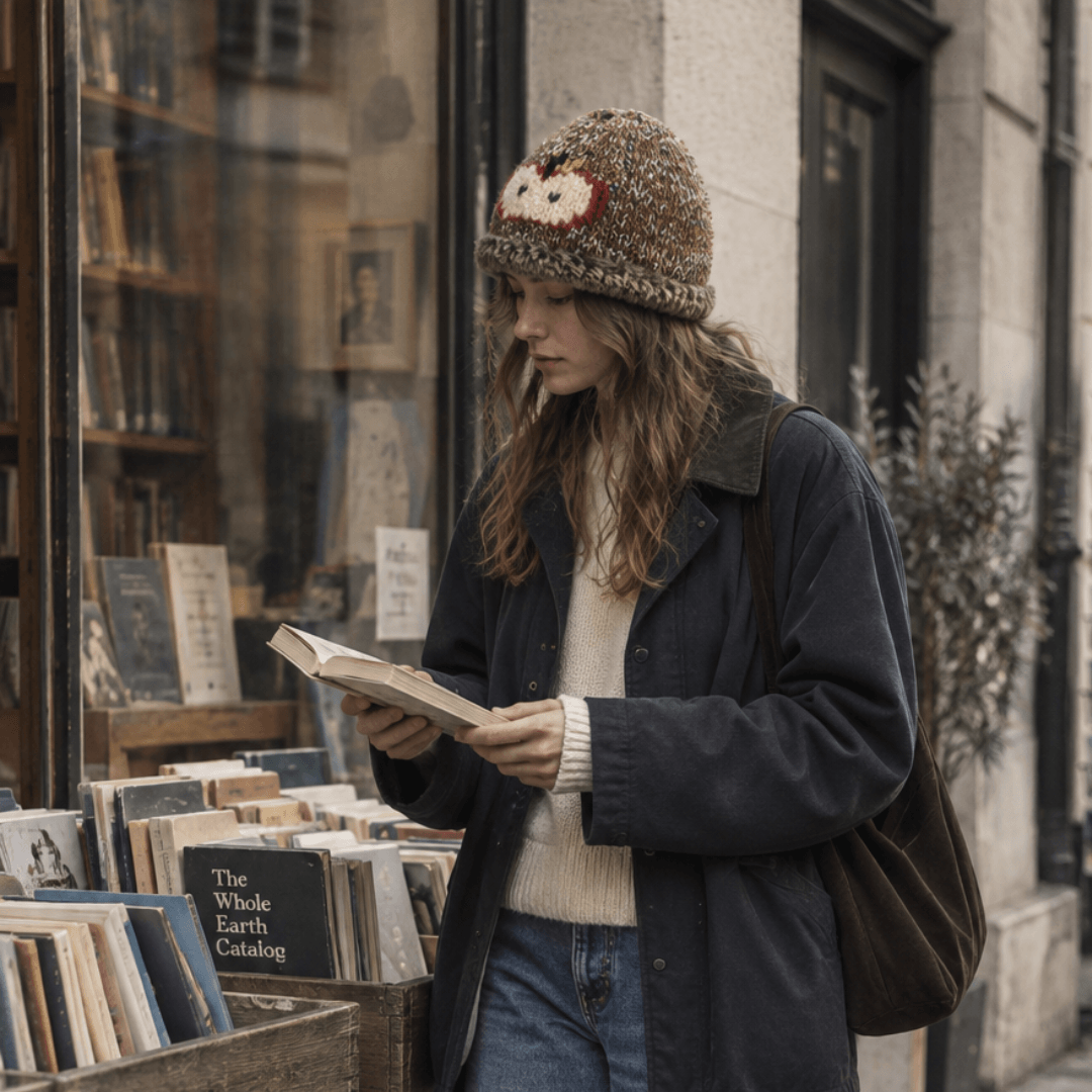 FeekyStore brown fuzzy apple hat with a red apple patch, worn by a model browsing books outside an antique bookstore on a European street.