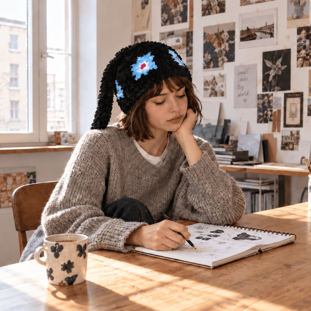 FeekyStore black fuzzy bunny ear crochet hat featuring vibrant blue and magenta  flower patches, worn by a model sketching at a wooden table in a lifestyle setting.