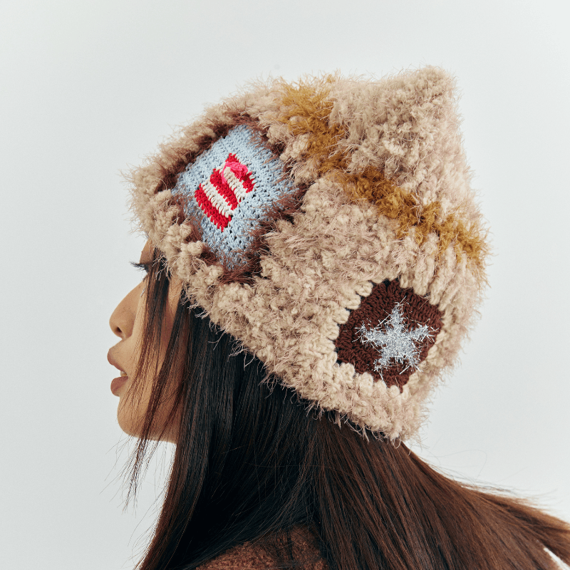 FeekyStore fluffy mohair cat ear beanie with colorful patchwork and star appliques, multi-angle product views on a model against a plain background.