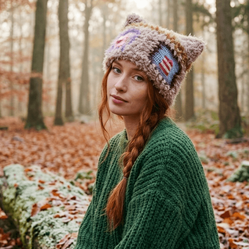 FeekyStore fuzzy cat star beanie with colorful patches, worn by a red-haired model in a green sweater amidst an autumn forest setting.