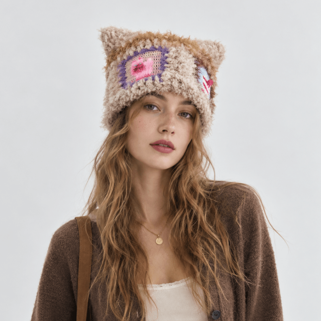 FeekyStore beige fuzzy cat star hat with colorful square patches and cat ears, modeled in a clean studio setting.