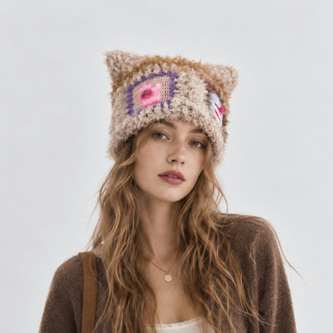 FeekyStore beige fuzzy cat star hat with colorful square patches and cat ears, modeled in a clean studio setting.