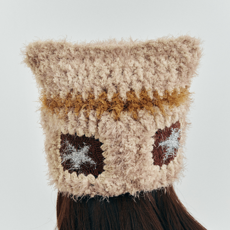 FeekyStore fluffy mohair cat ear beanie with colorful patchwork and star appliques, multi-angle product views on a model against a plain background.