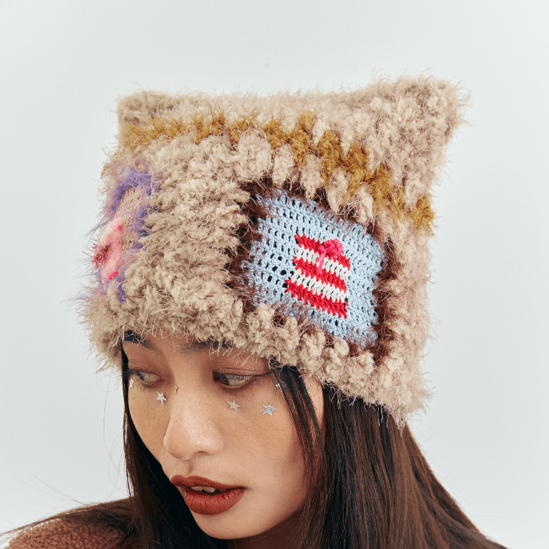 FeekyStore fluffy mohair cat ear beanie with colorful patchwork and star appliques, multi-angle product views on a model against a plain background.