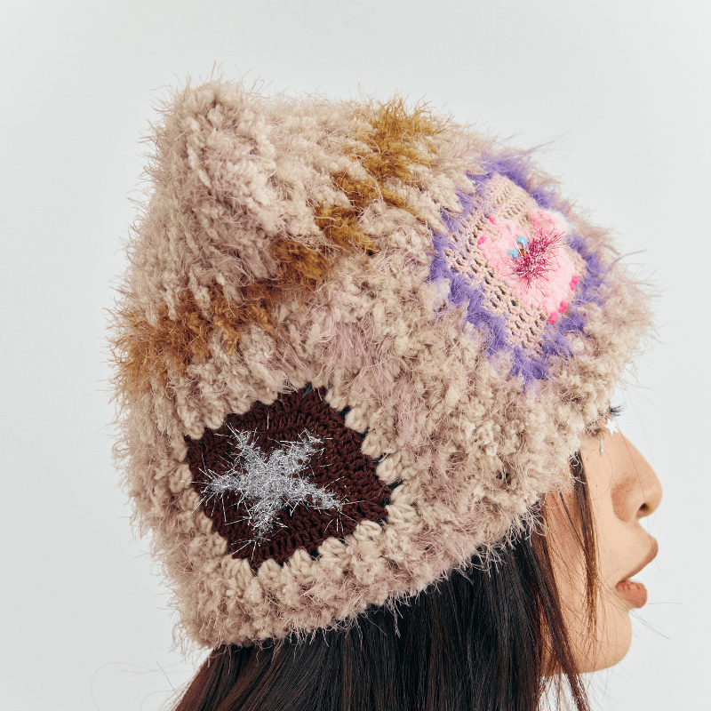 FeekyStore fluffy mohair cat ear beanie with colorful patchwork and star appliques, multi-angle product views on a model against a plain background.