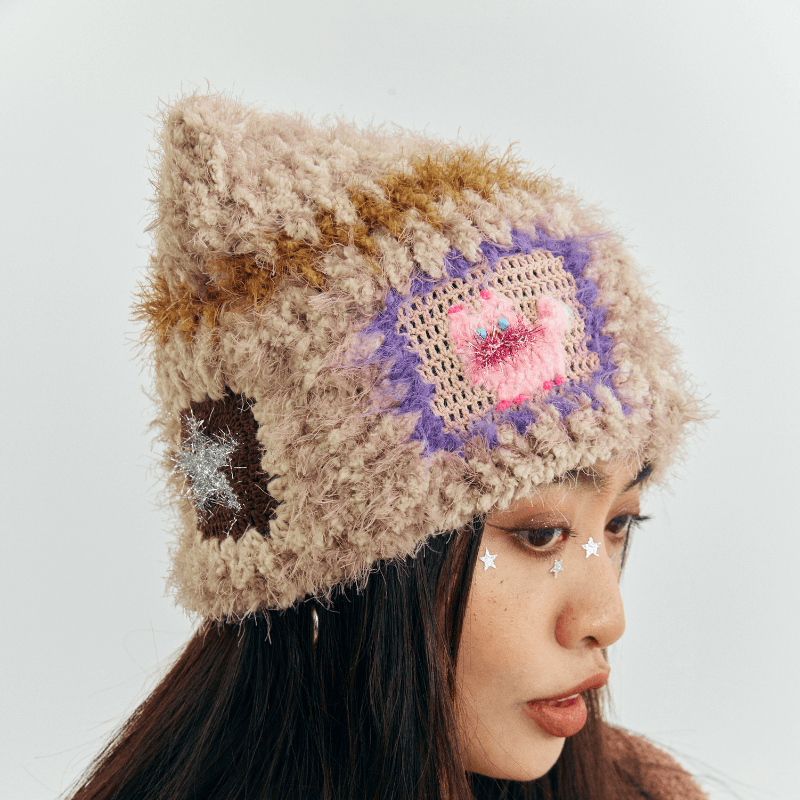 FeekyStore fluffy mohair cat ear beanie with colorful patchwork and star appliques, multi-angle product views on a model against a plain background.