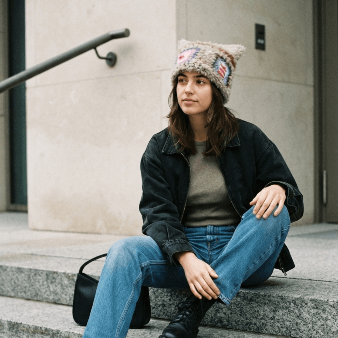 FeekyStore fuzzy cat star beanie with patches, worn by a model in a black jacket and jeans sitting casually on city steps.