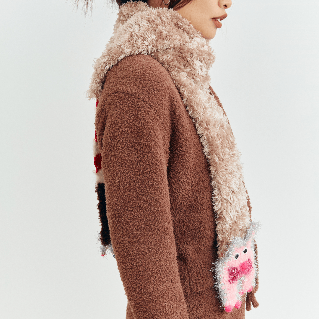 FeekyStore fluffy brown cat star scarf worn by a model, back view in a white studio showing the drape and texture.