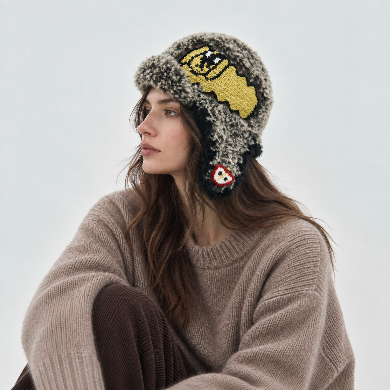 FeekyStore grey and black textured cloud-pooch hat featuring a whimsical yellow puppy graphic patch, modeled in a clean studio setting.
