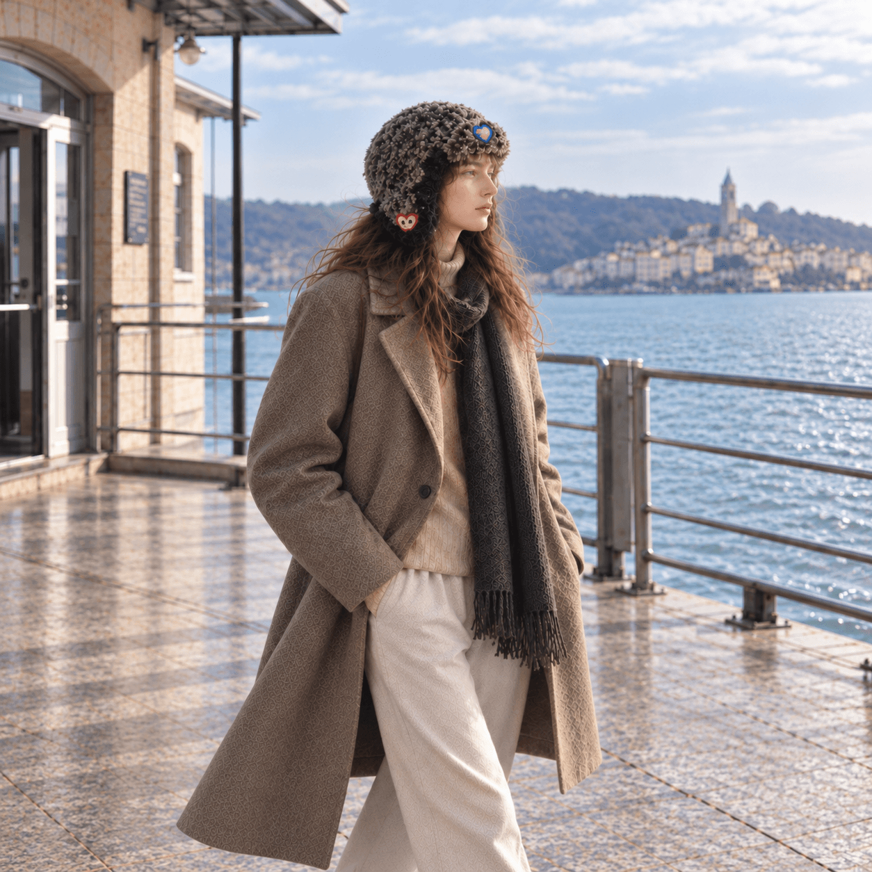 FeekyStore textured cloud-pooch hat, worn by a model in a brown coat and scarf walking along a sunny seaside promenade with a coastal town background.