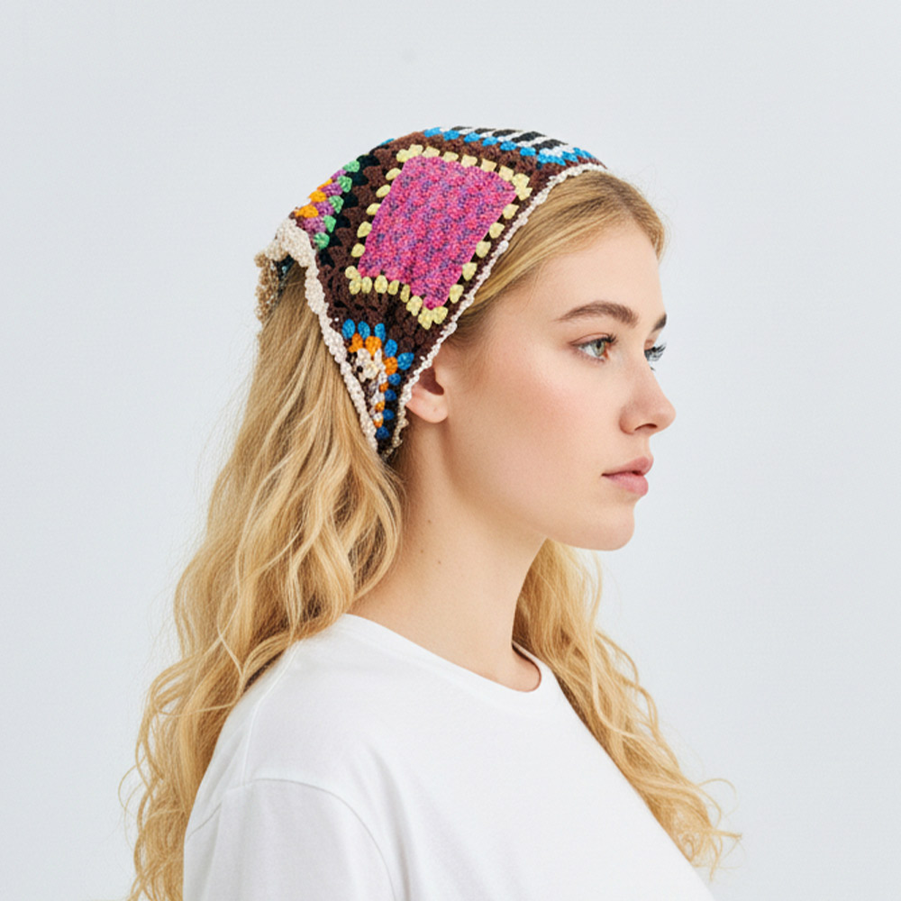Side profile view of a blonde model wearing the Colorful Triangle Crochet Headscarf, showcasing the vibrant magenta block and delicate wavy borders.