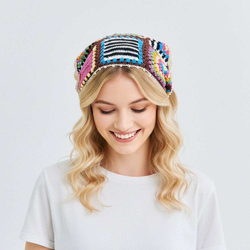 Front-angled view of a smiling model wearing the colorful triangle crochet hair bandana, displaying the multi-color block layout across the top.