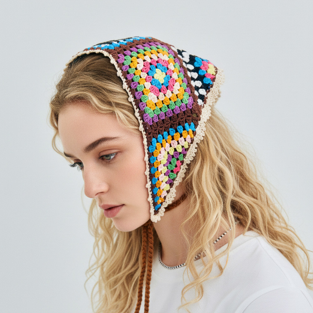 An angled left-side shot of the Colorful Triangle Crochet Headscarf, highlighting the intricate multi-color pattern blocks and thin brown chin ties.