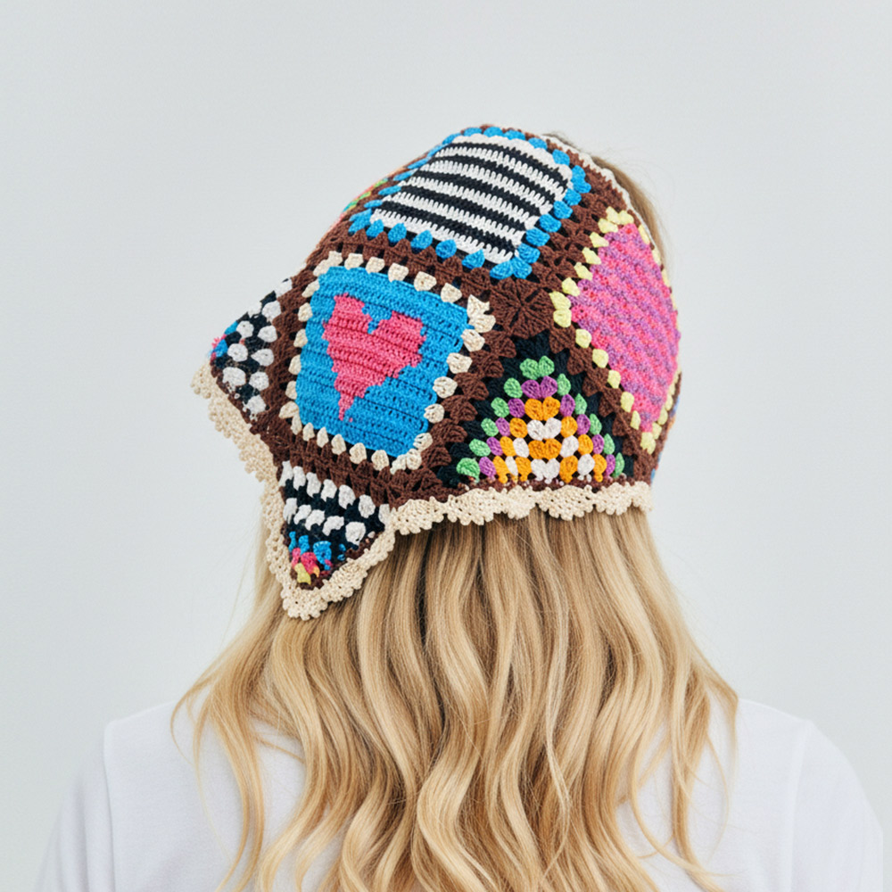 Back view of the Colorful Triangle Crochet Headscarf on a model, highlighting the central blue patch with a pink heart motif and classic granny square stitching.