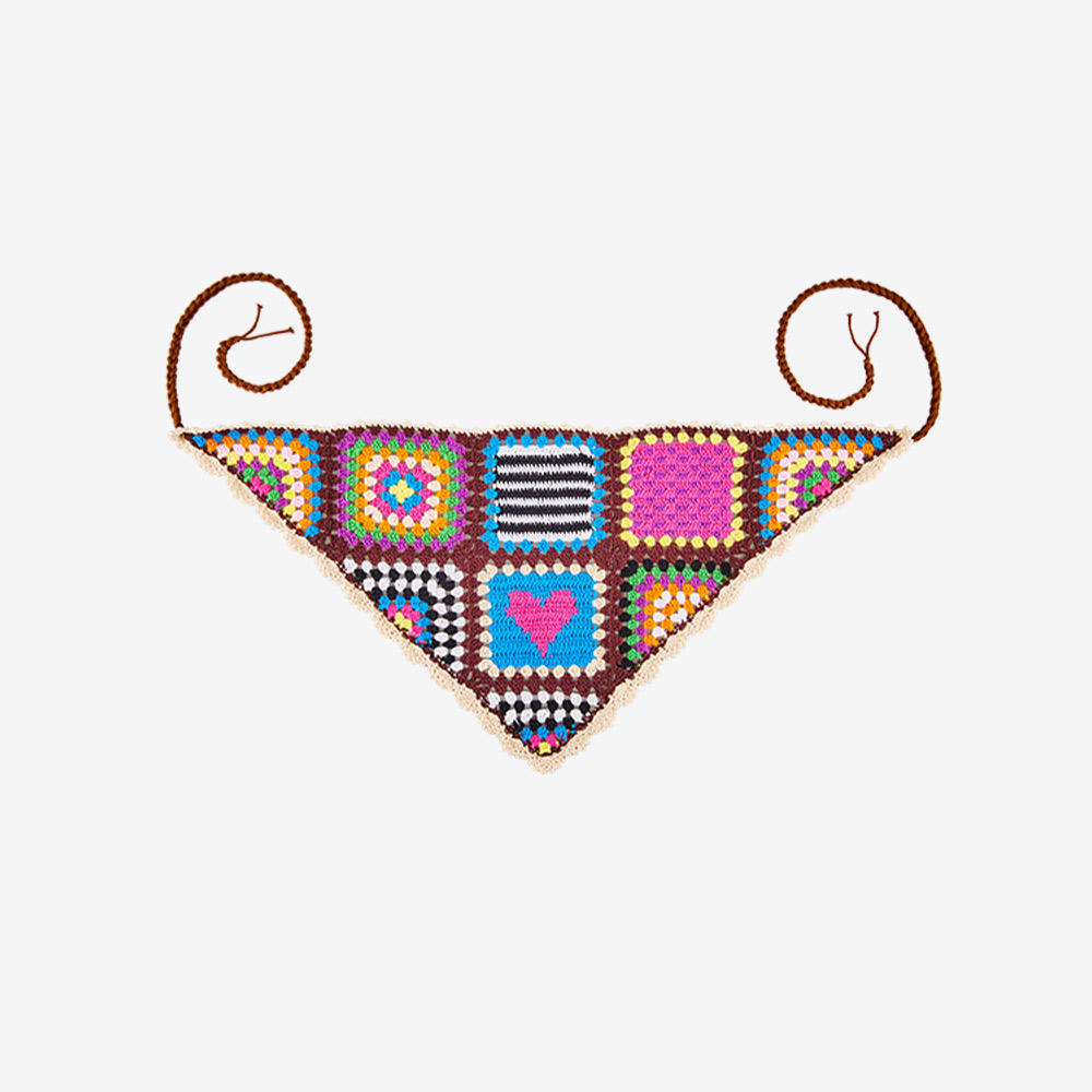 Isolated product image of the handmade Colorful Triangle Crochet Headscarf on a white background, perfectly displaying its flat triangular shape, granny square patterns, and curled ties.